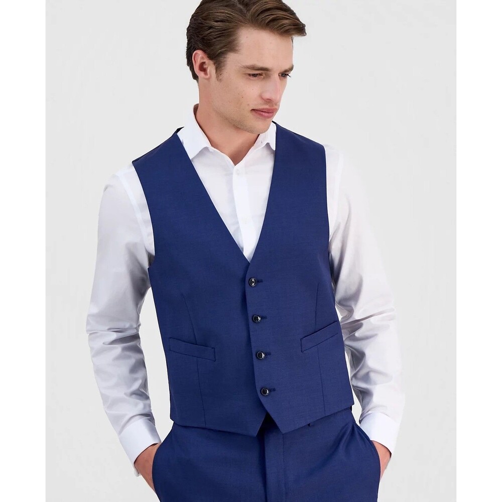 $125 NEW CALVIN KLEIN MENS LARGE SOLID BLUE SLIM SOFT 100% WOOL SUIT JACKET VEST